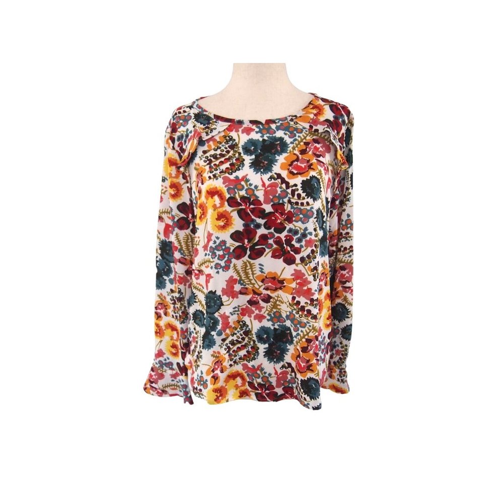 LOFT Womens Blouse Top SP Floral Chiffon Peasant Long Bell Sleeve Pleated